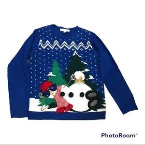 Jolly Sweaters Ugly Christmas Sweater Mens XL Holiday Snowman Beer Blue